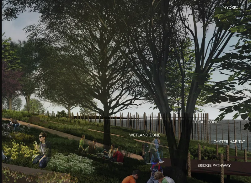 Rendered view of the sloped wetland zone with timber pilings and people moving through landscaped terraces