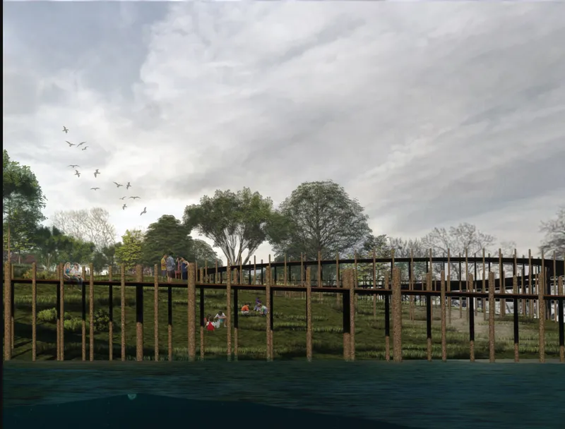 Timber post fence bordering a lawn area with visitors and trees under a cloudy sky with birds