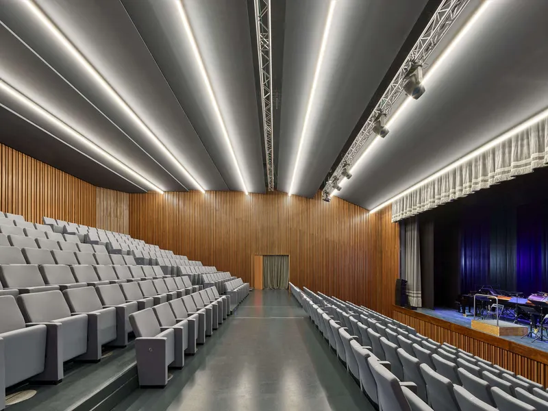 Side view of the auditorium with timber walls, raked seating, and linear ceiling lighting