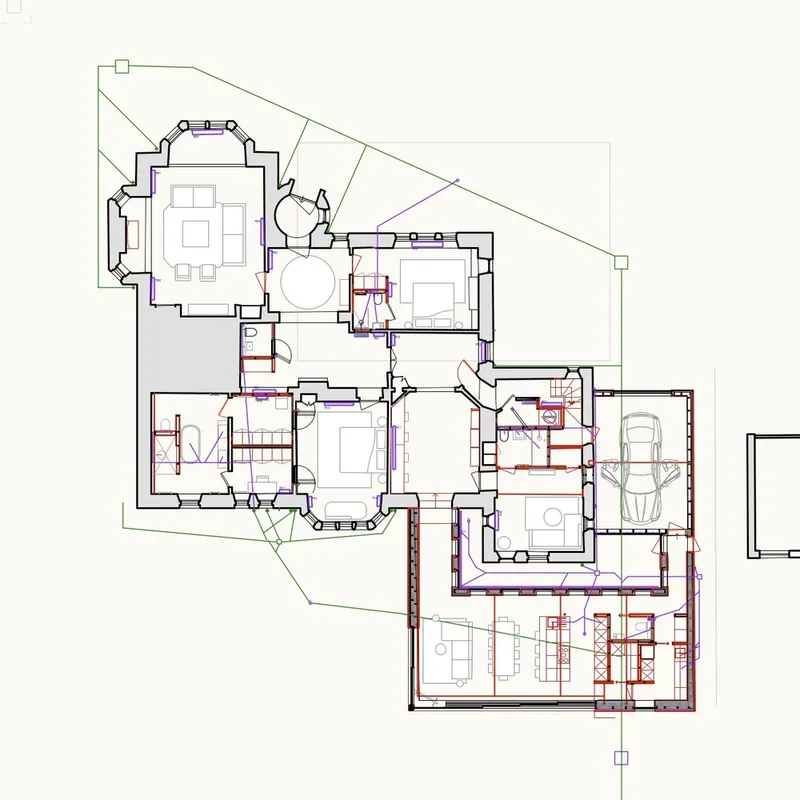 Floor plan drawing showing interconnected spaces wrapping around an existing structure with carport