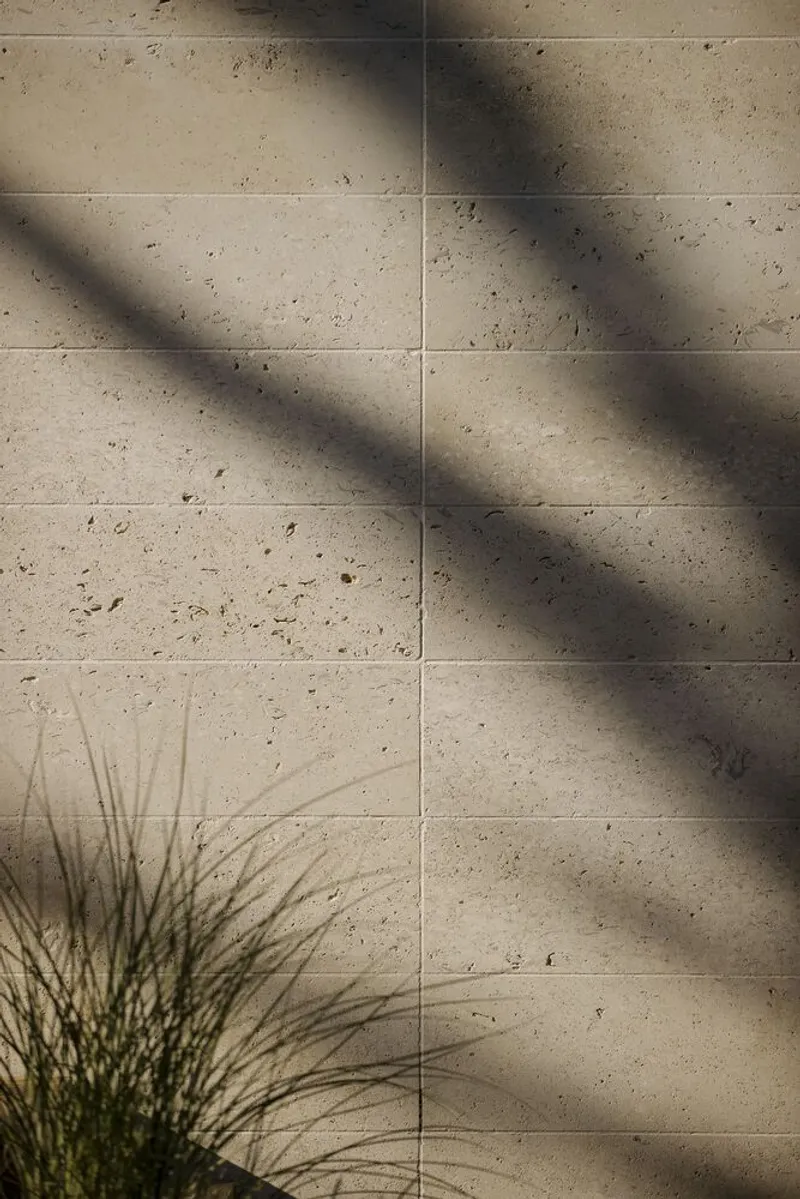 Limestone panel wall with ornamental grass casting dappled shadow patterns