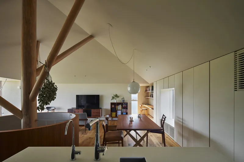 Open-plan living and dining space with exposed timber structure and vaulted ceiling under natural light
