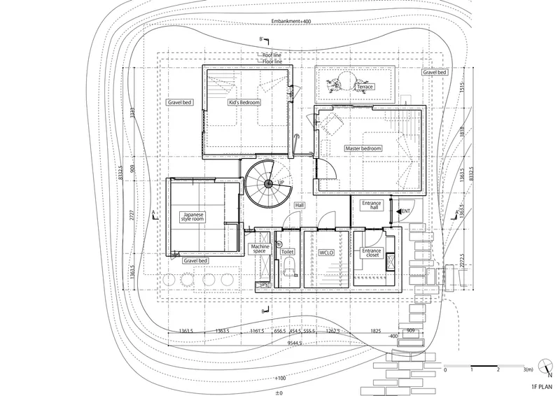 First floor plan drawing showing bedroom clusters arranged around a central spiral stair and contour lines