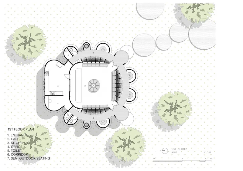 First floor plan drawing showing the central courtyard with radiating cylindrical spaces and tree canopies
