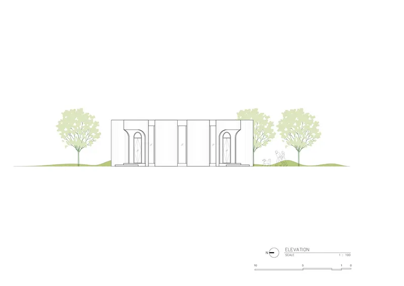 Elevation drawing showing a symmetrical facade with arched openings flanked by trees and landscaping