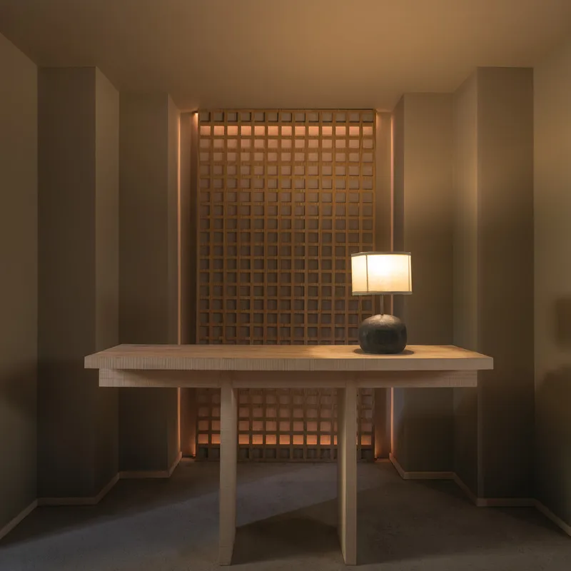 Timber table in a small room with backlit terracotta tile grid wall and ambient lighting