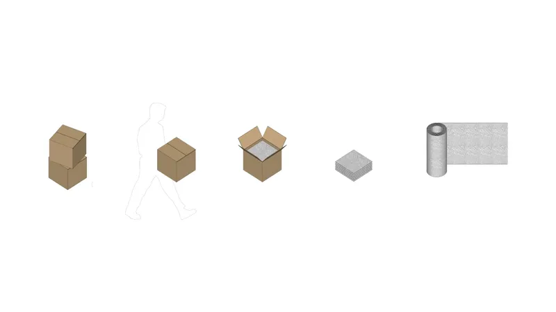 Axonometric diagram showing modular cardboard boxes transforming into concrete blocks and rolled material sheets