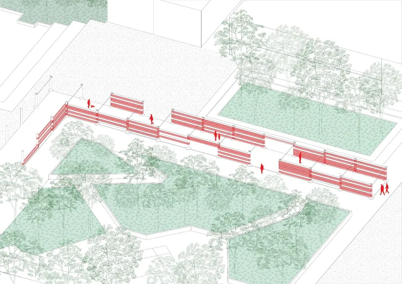 Axonometric drawing depicting elevated walkway with people crossing through landscaped terrain with trees and ponds