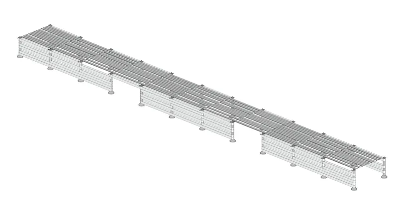 Isometric drawing of a long linear canopy with corrugated roof panels supported by cylindrical columns
