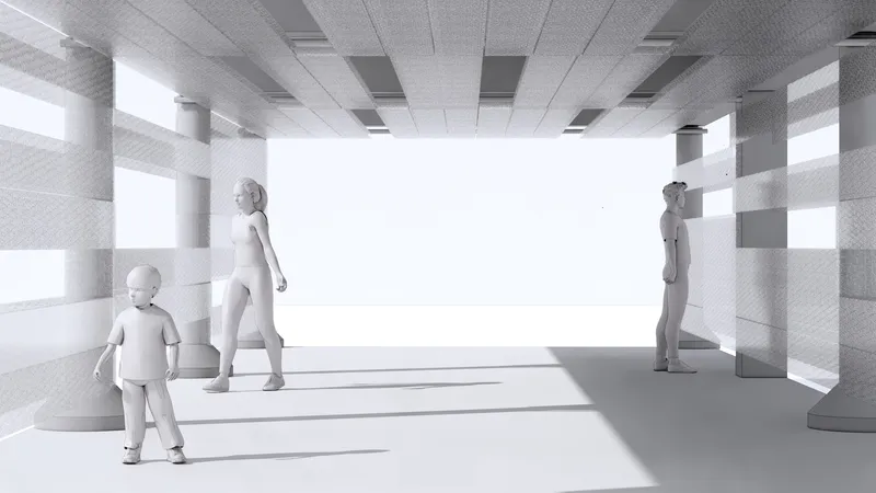 Interior rendering of white perforated walls and ceiling panels with three figures in bright sunlight