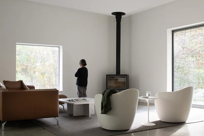 Living room with freestanding black stove pipe and person standing at window overlooking autumn trees