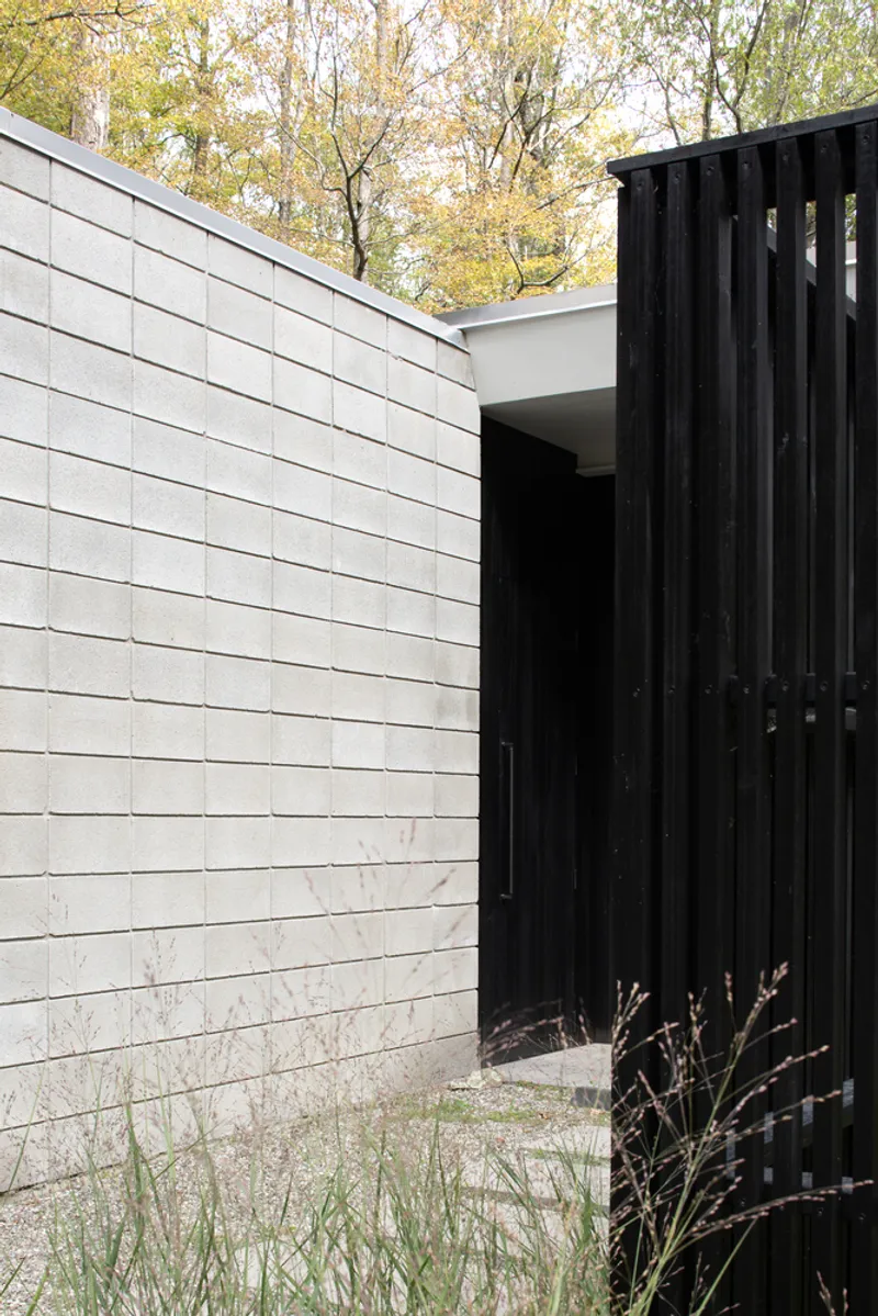 Exterior corner showing light grey horizontal brick wall meeting black vertical timber screen with grasses