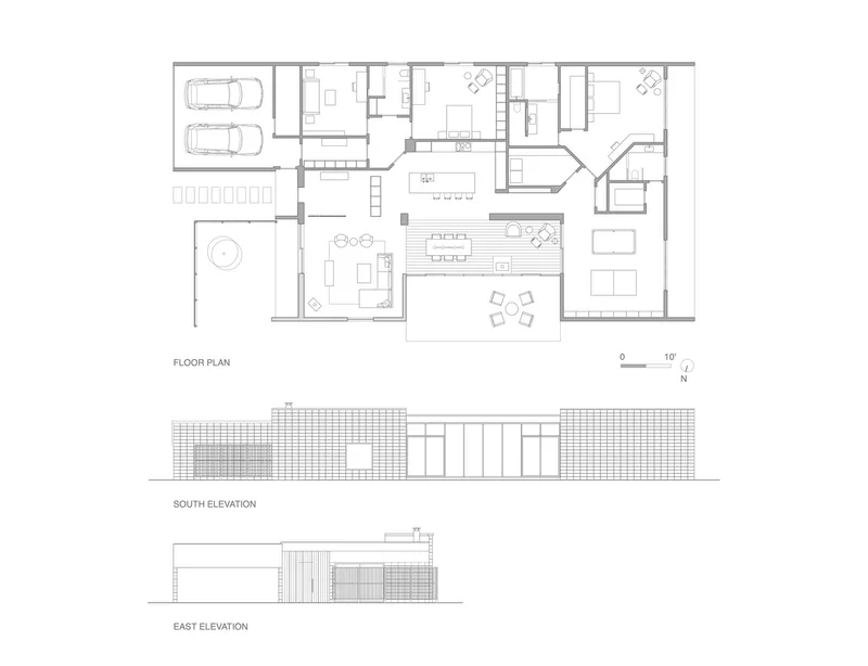 Floor plan with garage and open living areas plus south and east elevation drawings showing screened walls