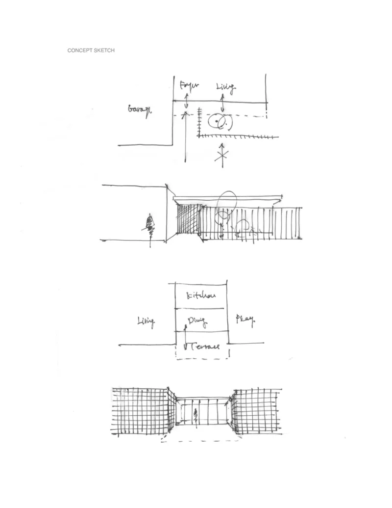 Concept sketch showing plan and elevation studies with annotated living spaces and a terrace with screening
