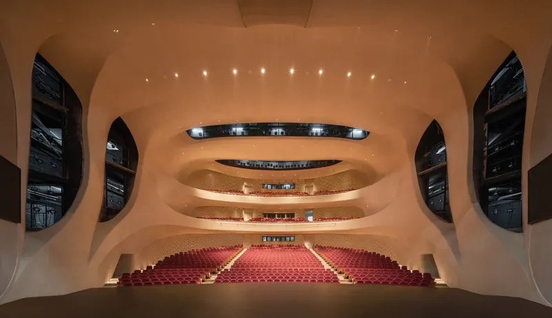 Interior of the auditorium showing curved balconies and red seating under warm lighting