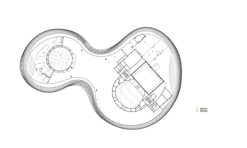Roof plan drawing revealing the three-lobed outline with textured perimeter and interior rooms