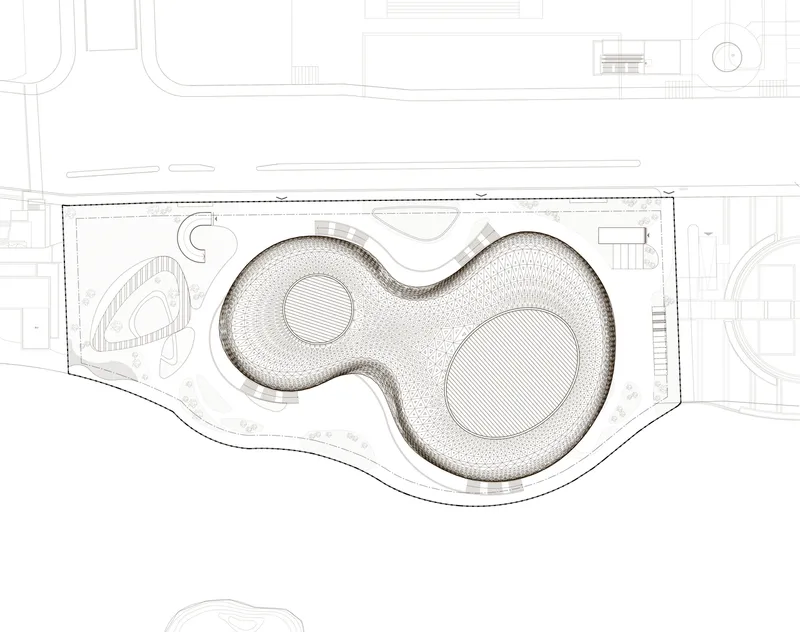 Site plan drawing showing a triple-lobed roof structure with radial patterns within an urban block