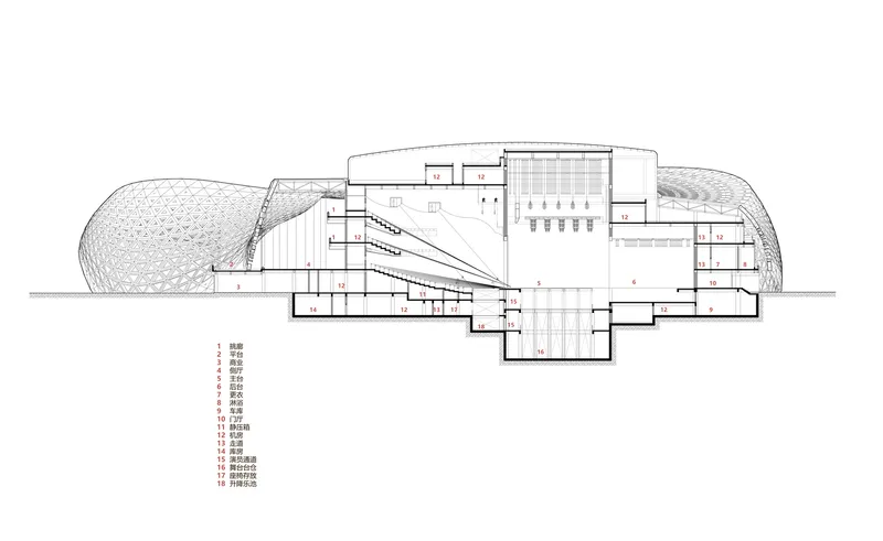 Section drawing revealing interior volumes with sloped seating, stairs, and curved roof forms