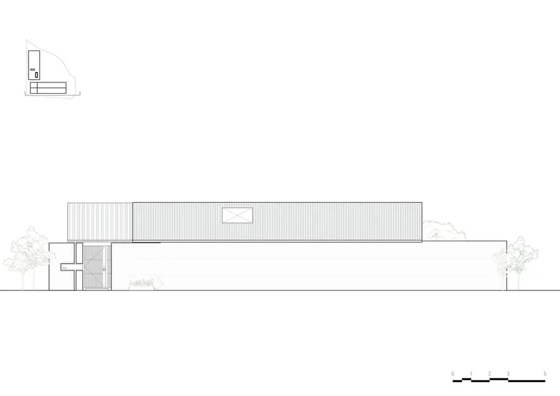 Elevation drawing of the corrugated metal clad volume with a horizontal window opening