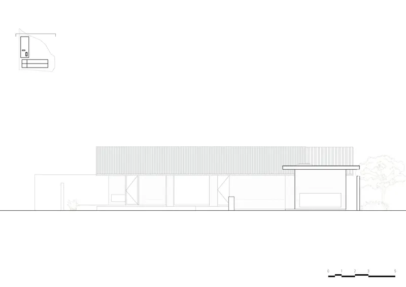 Elevation drawing showing a horizontal volume with corrugated metal cladding and a single tree