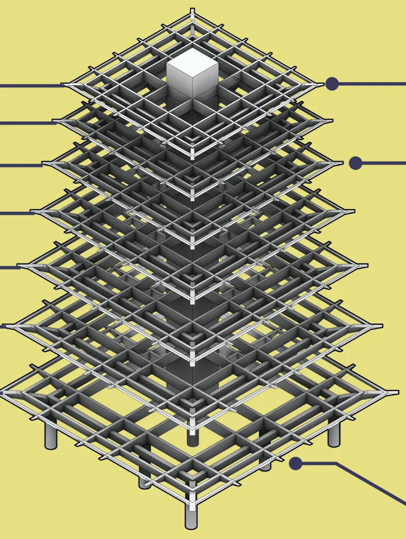 Exploded axonometric drawing of seven floor plates with a central core on cylindrical supports