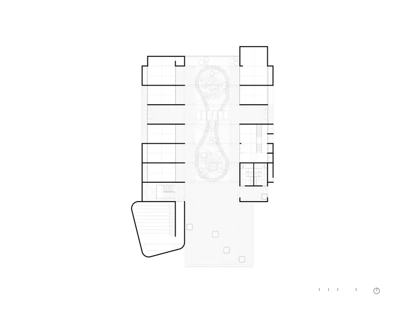 Floor plan drawing showing rectangular volumes flanking a central curved courtyard with pool and terrace