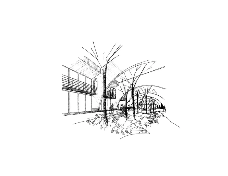 Perspective sketch depicting the courtyard with arched canopy and planted beds beneath trees