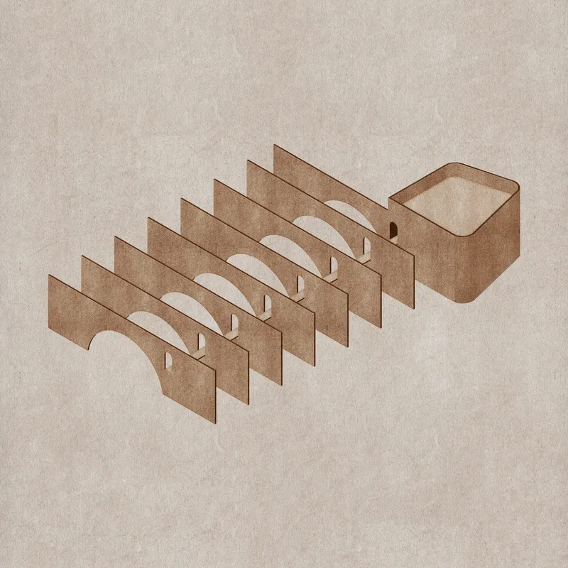 Axonometric drawing showing layered section cuts through arched volumes and rectangular enclosures