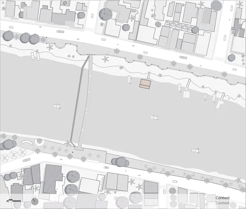 Site plan drawing showing a rectangular pavilion positioned between street and waterfront with landscaped edges