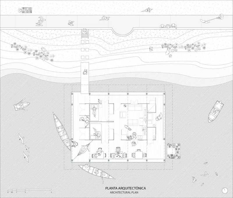 Floor plan drawing showing interior layout with boats and figures populating the surrounding water