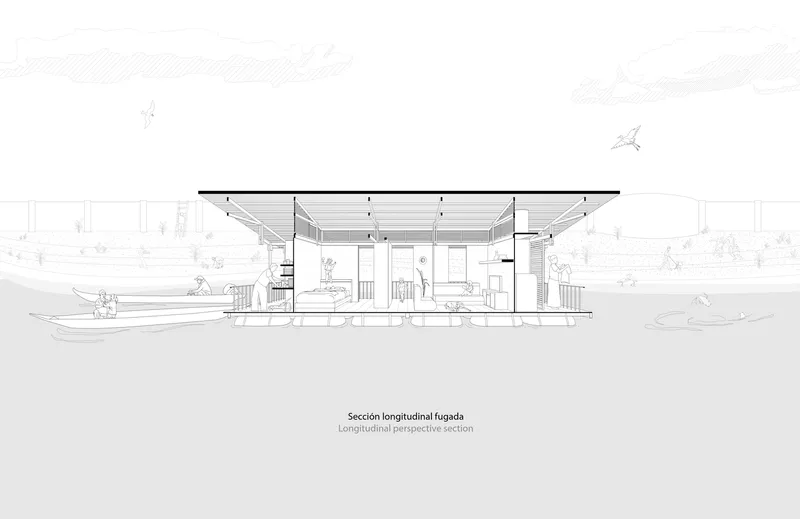 Longitudinal section drawing revealing the open pavilion with timber post and beam structure under a flat roof