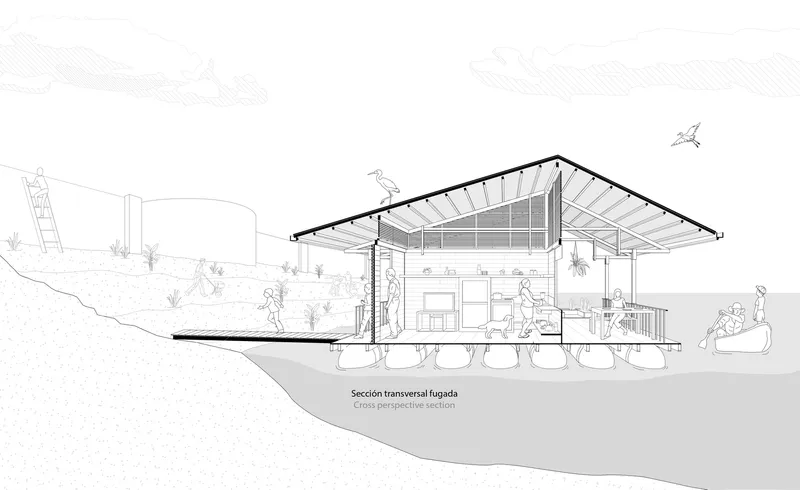 Transverse section drawing showing the sloped site with the pavilion elevated above cylindrical pontoons