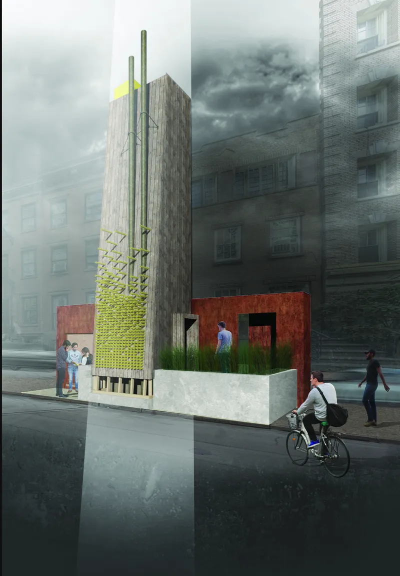 Urban plaza installation showing weathered timber towers with planted beds and a cyclist passing by