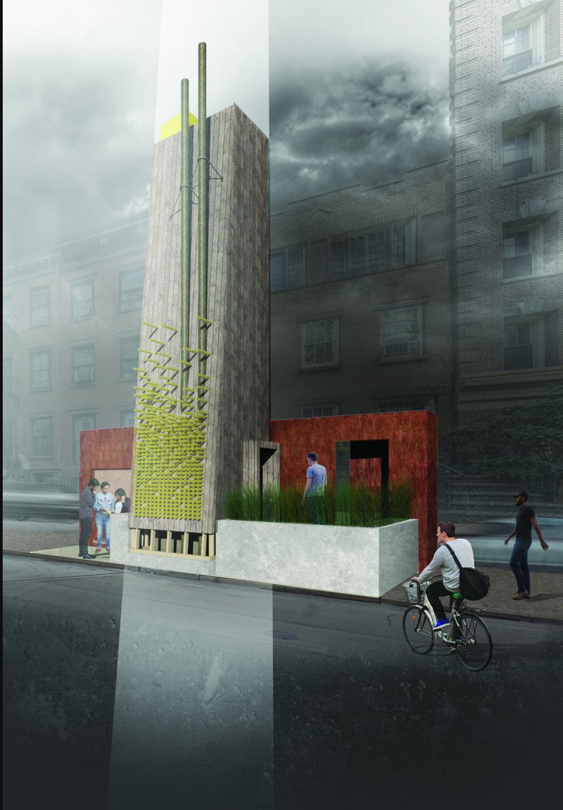 Urban plaza installation showing weathered timber towers with planted beds and a cyclist passing by