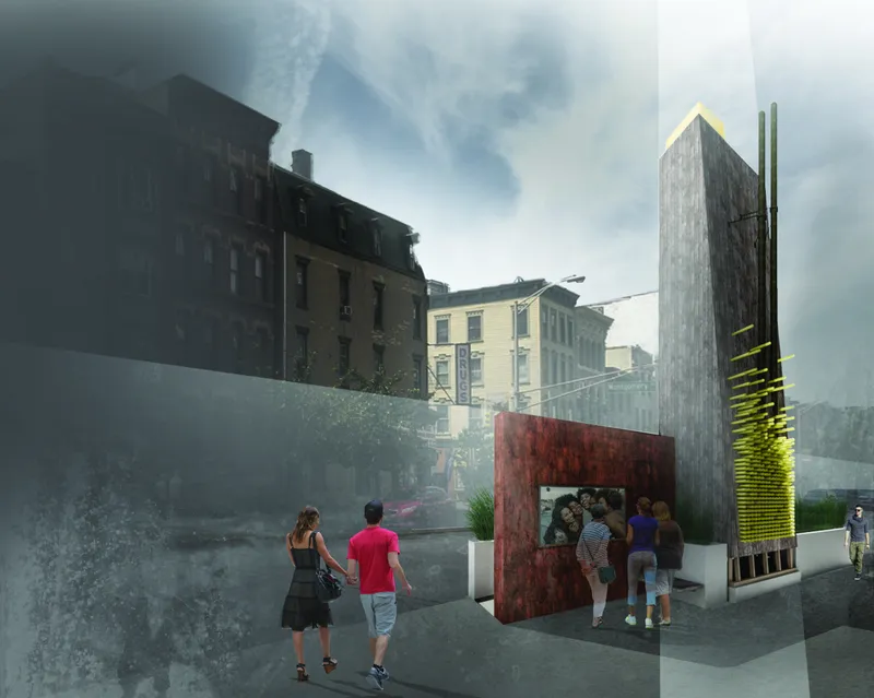 Street view of a rusted steel panel installation with timber towers and green mesh screen in fog