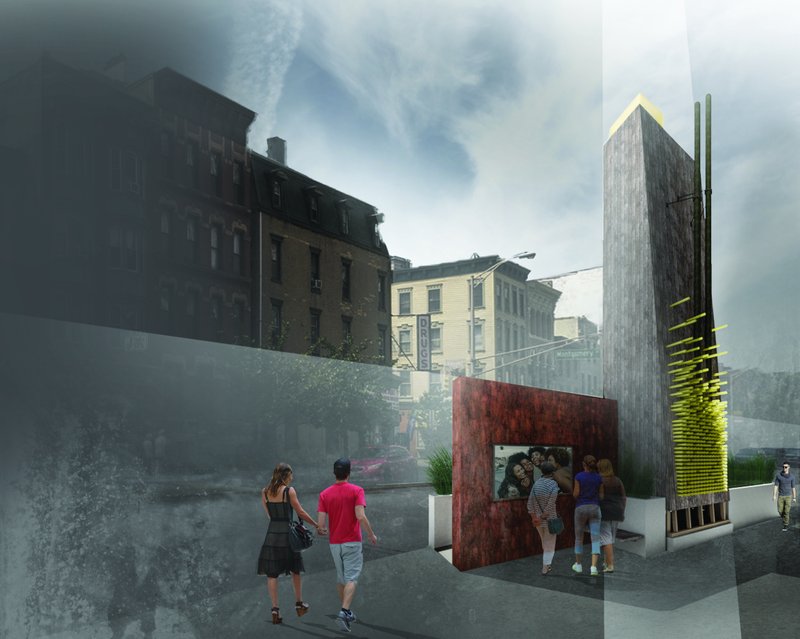 Street view of a rusted steel panel installation with timber towers and green mesh screen in fog