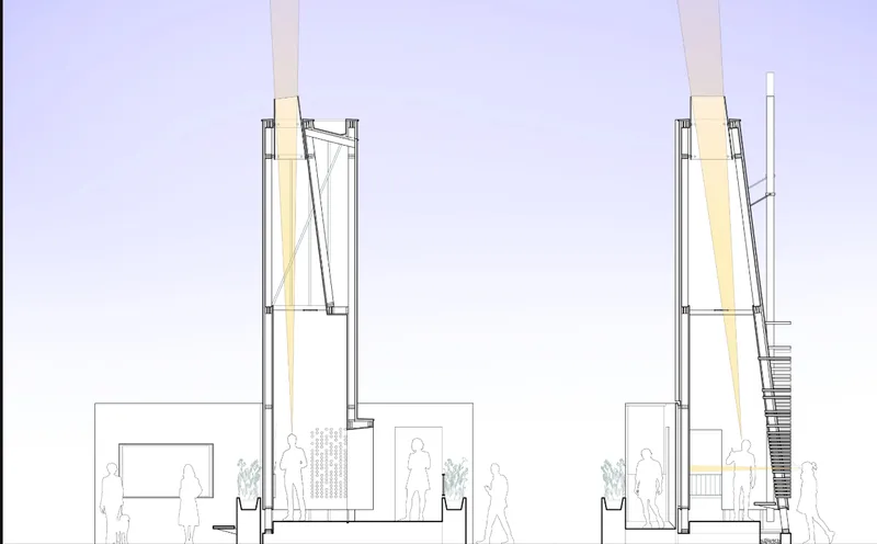 Section drawing showing two vertical towers with internal structure and illuminated panels alongside pedestrians and planted beds