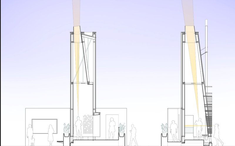 Section drawing showing two vertical towers with internal structure and illuminated panels alongside pedestrians and planted beds
