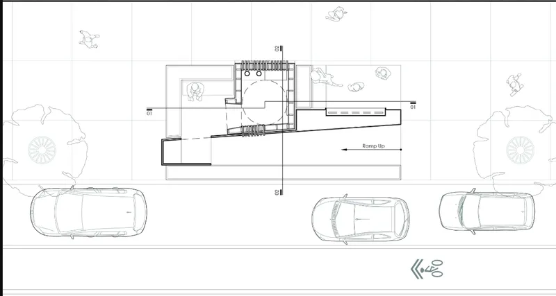 Plan drawing showing the installation footprint with parked cars along the adjacent street