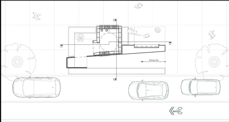 Plan drawing showing the installation footprint with parked cars along the adjacent street