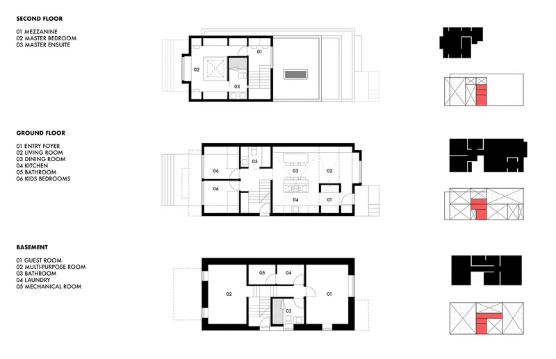 Floor plan drawing showing basement, ground floor and second floor layouts with mezzanine and circulation core