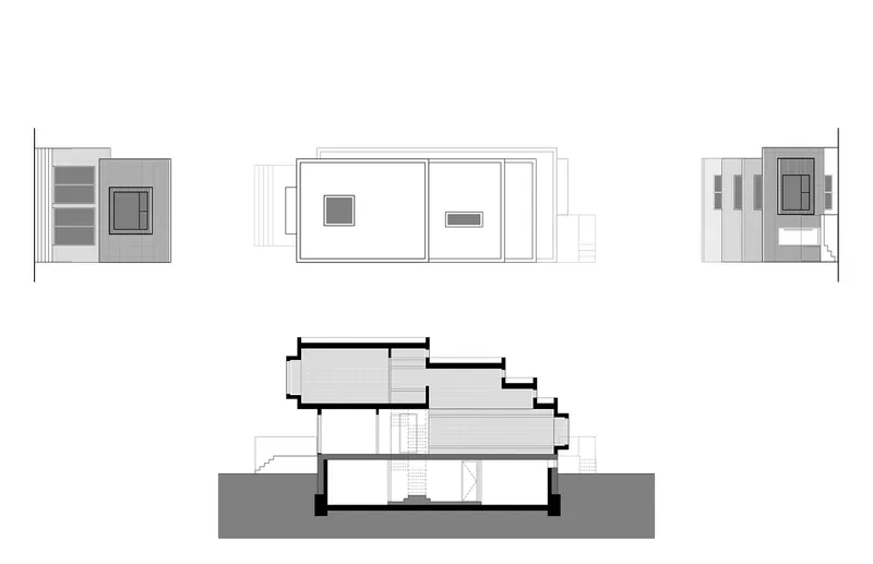 Elevation and section drawings showing the terraced volumes and interior spatial relationships