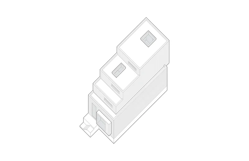 Axonometric drawing depicting stacked rectangular volumes with offset terraces and courtyard spaces