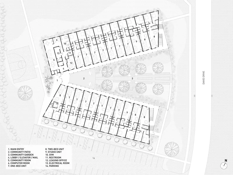 Site plan drawing showing two parallel residential bars flanking a central courtyard with trees
