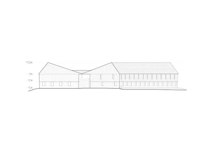 Elevation drawing showing three interconnected gabled volumes with repetitive window openings