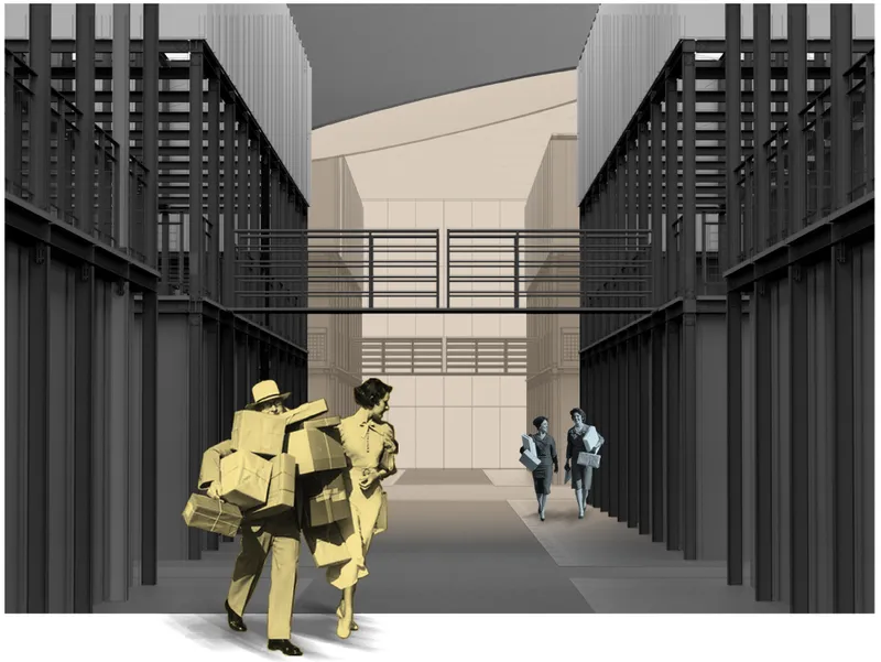 Rendering of a courtyard corridor with dark latticed facades and figures walking through the passageway