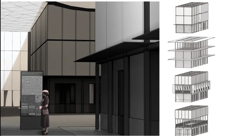 Rendering of interior lobby with dark metal framing and a figure standing near gridded wall panels