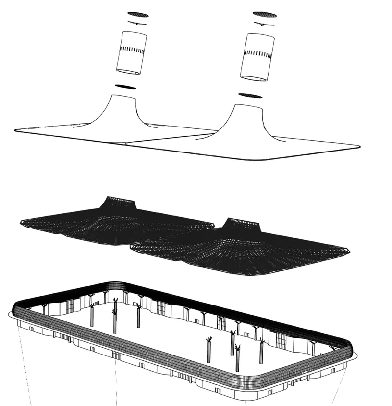 Exploded axonometric drawing showing roof layers, structural shell, and interior frame separated vertically