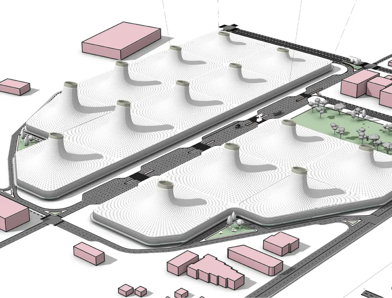 Isometric site plan showing undulating roof forms with columns flanking a central roadway