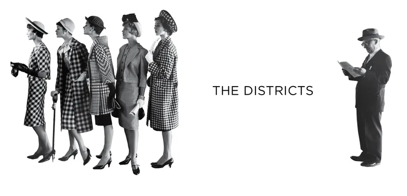 Illustrated collage showing five women in patterned coats facing a man reviewing documents